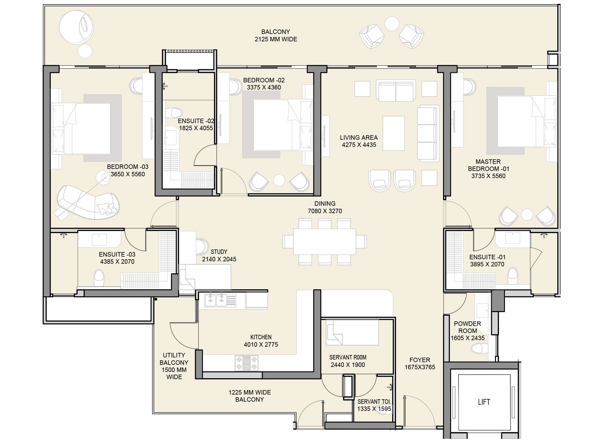 M3M The Cullinan 3 BHK 3200 Sq. Ft. Layout