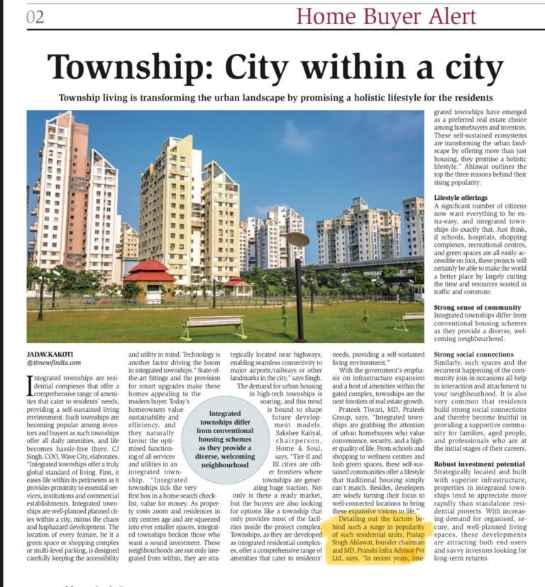 Times of India article on township living featuring Pranshi Infra and modern residential lifestyle